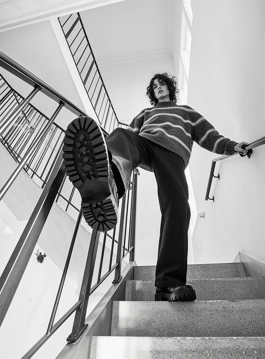 Curly Hair Striped Sweater Concrete Stairs Low Angle