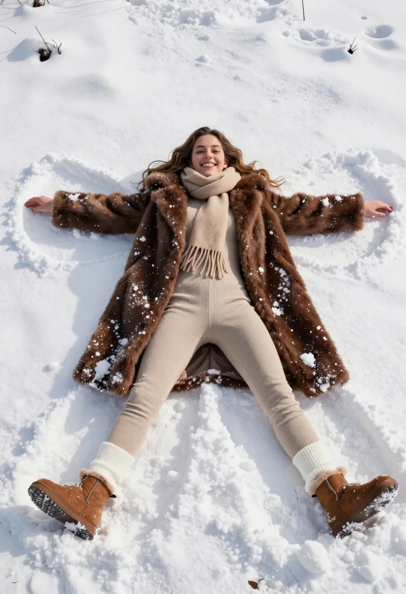 Woman Lies Snow Angel Pose Bright Sunlit Snowy Field Subject