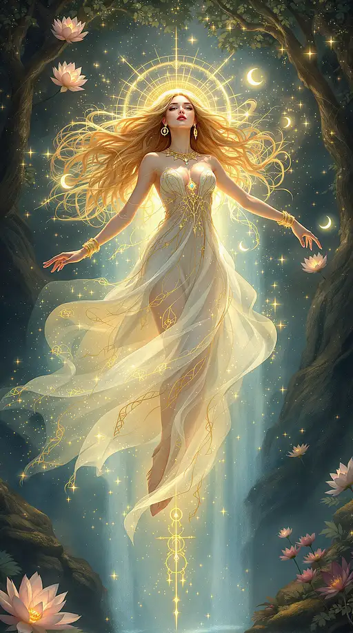 A blonde-haired mystic floating gracefully above a mystical waterfall, surrounded by shimmering ethereal light.