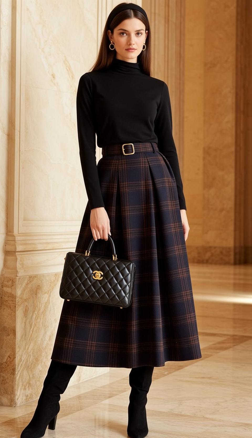 Black Turtleneck Plaid Skirt Marble Hall