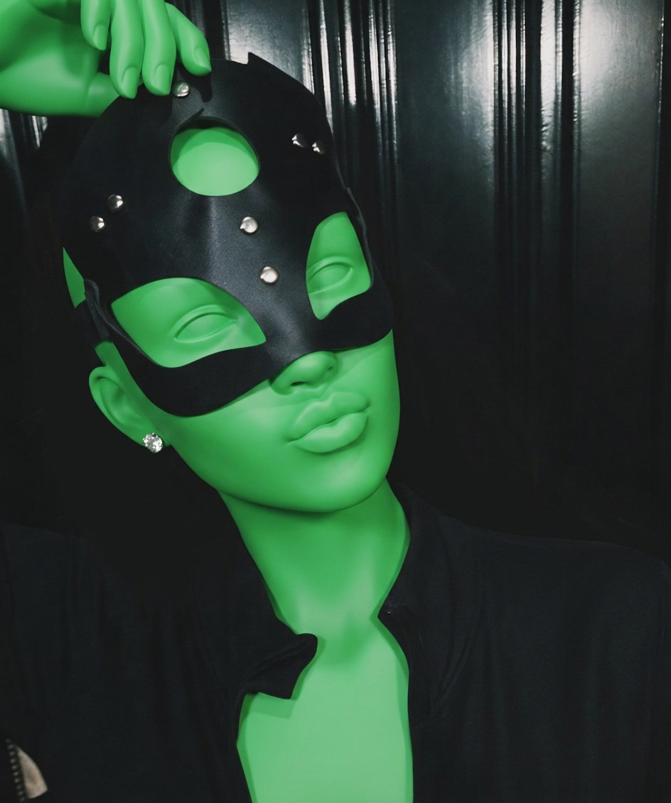 Template for Touching Black Leather Mask Dark Background