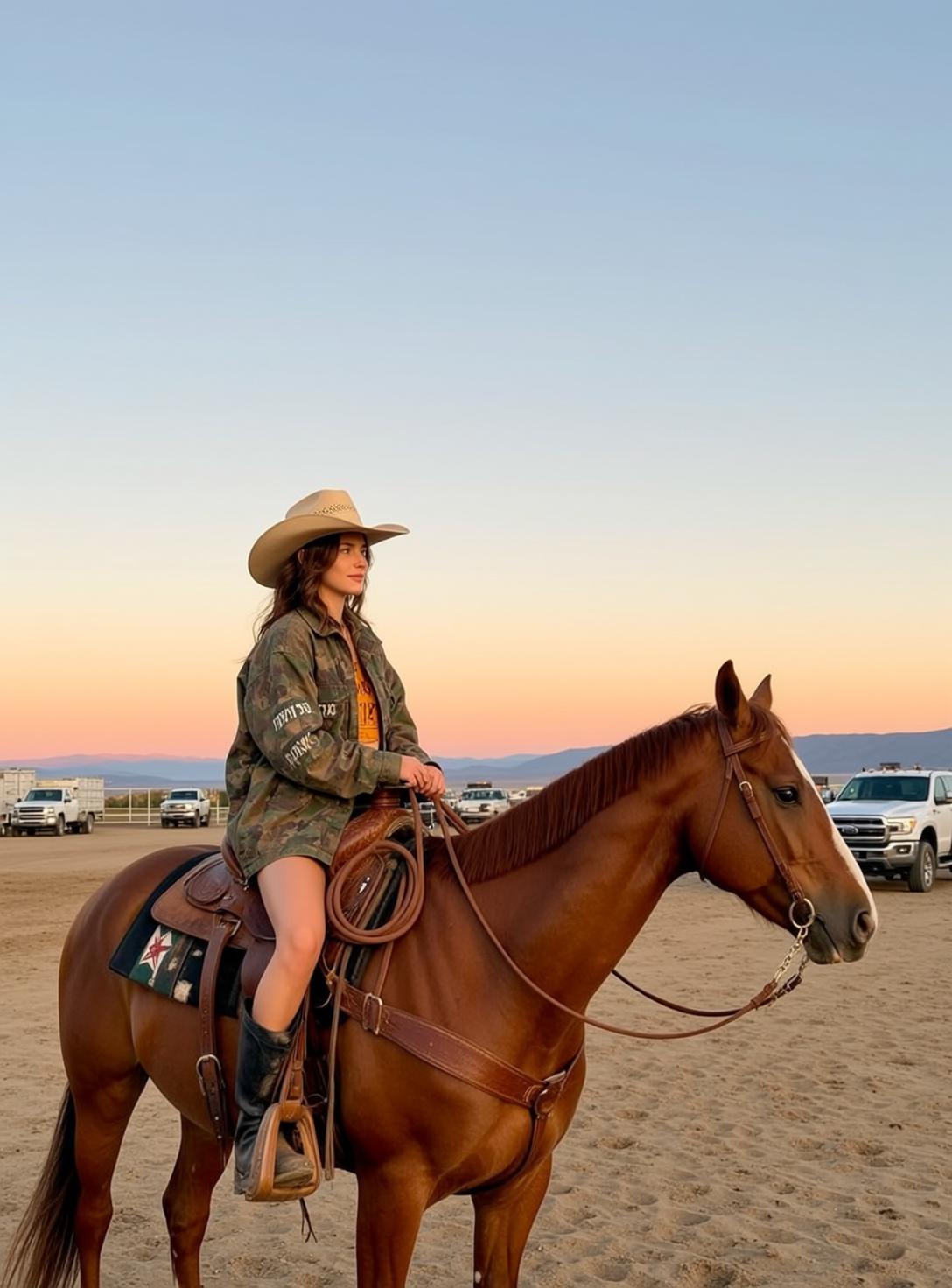 Cowgirl Seated Astride Chestnut Horse Her Body