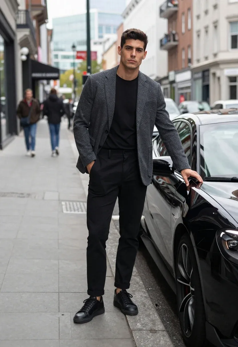 Stylish Young Man Stands Confidently Next Sleek Black Sports Car