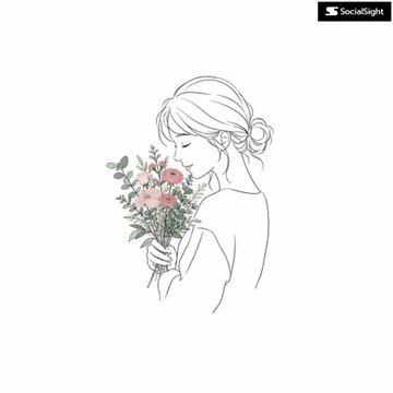 Minimalist line art illustration of a person smelling pink ranunculus flowers on a white background.