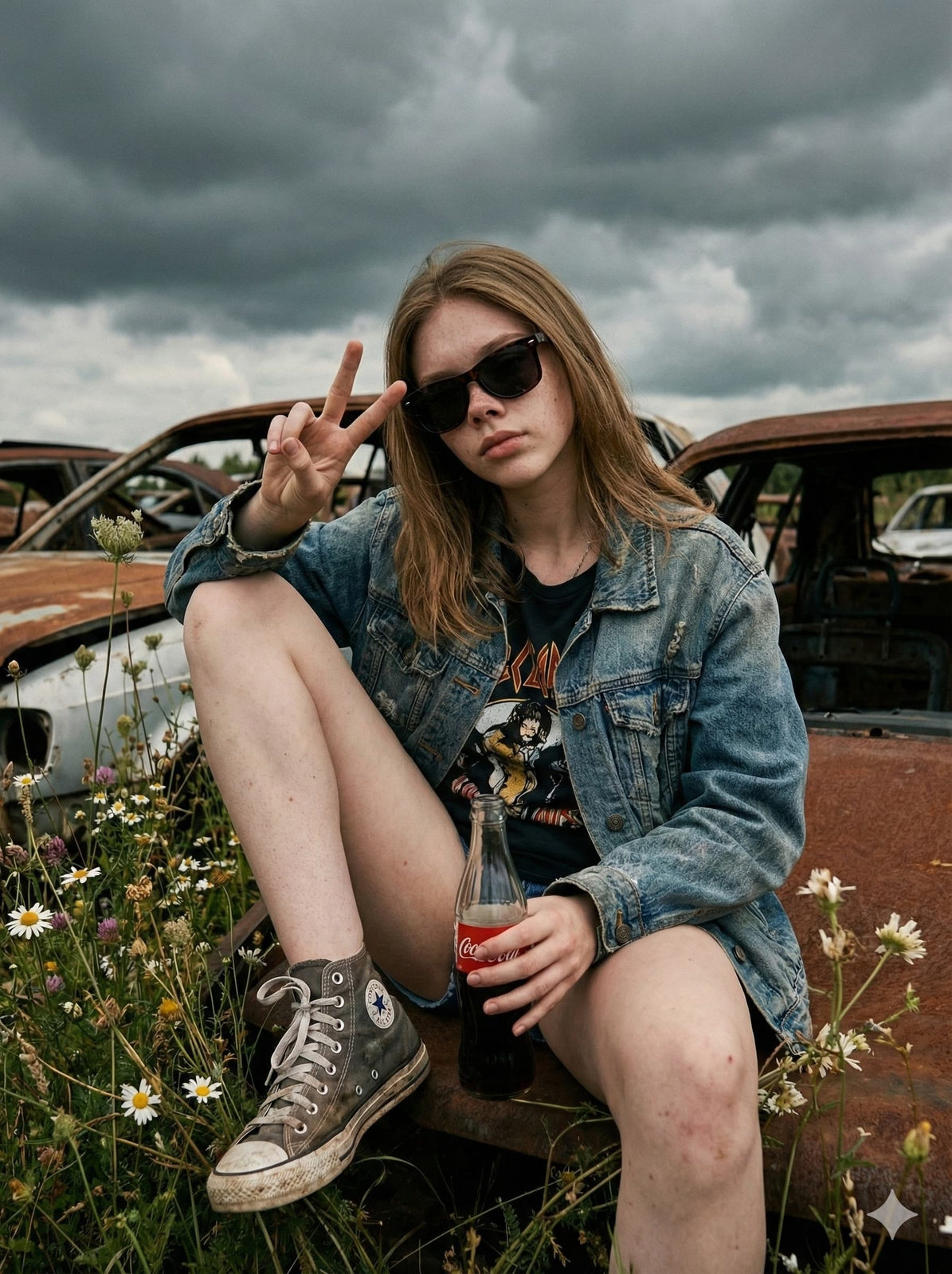 Ultra-realistic close-up photo of a person in a 90s rebel outfit making a peace sign, surrounded by wildflowers and abandoned cars