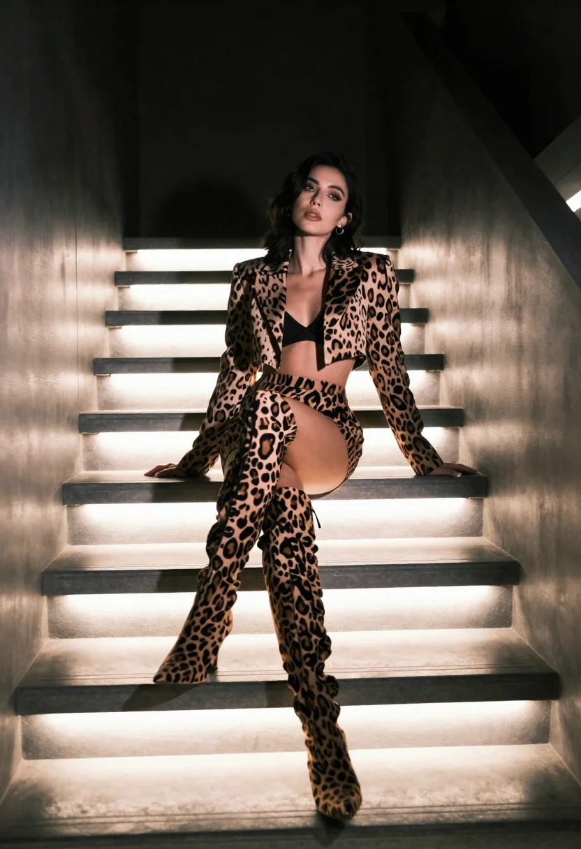 Stylish Woman Sits Confidently Modern Staircase With Glowing Under-lighting Subject reference photo