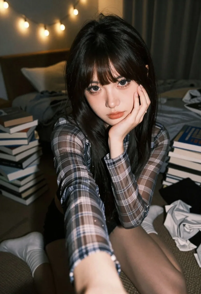 Close-up Selfie Young Woman With Dark Hair And Bangs Resting reference photo