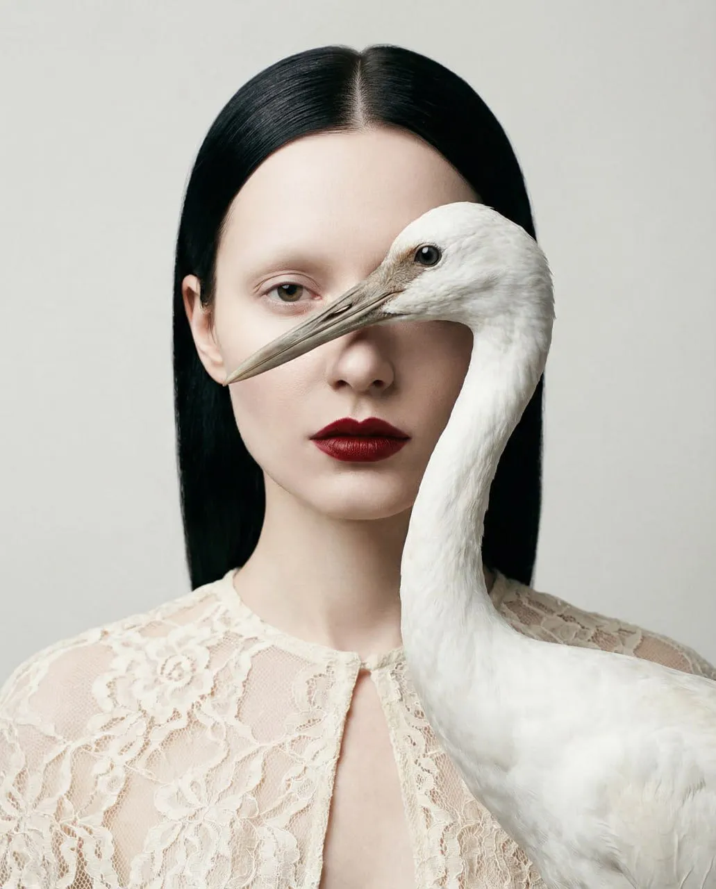 Realistic Porcelain Woman Crane Portrait
