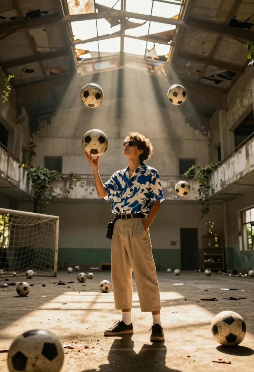 Young Man Stands Sun-drenched Dilapidated Indoor Soccer Arena Surrounded Floating