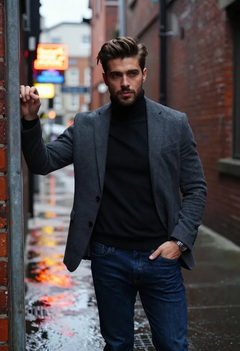 Photorealistic Street Portrait Handsome Man With Styled Brown Hair And