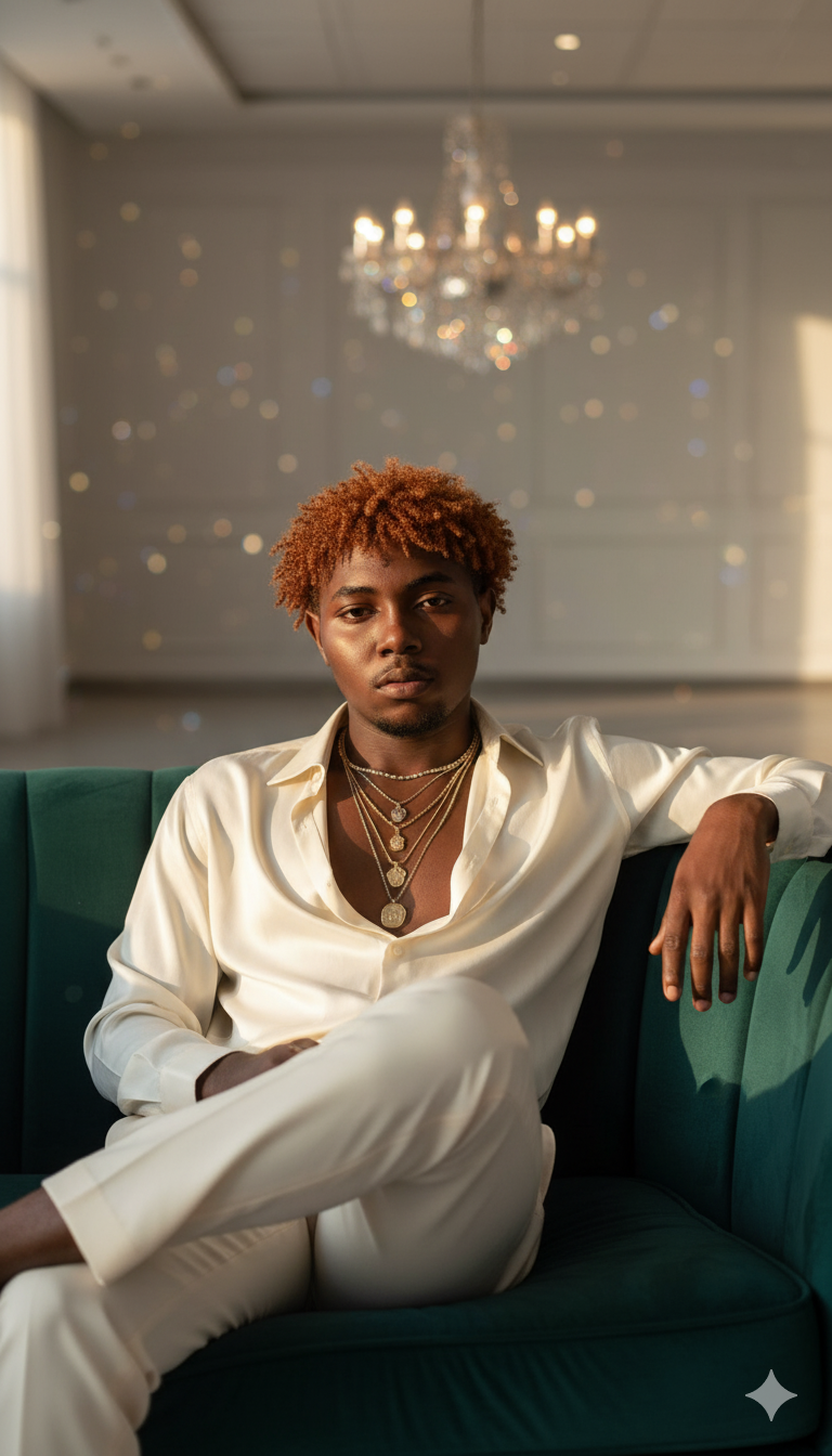 A young man with messy hair lounges on a luxurious velvet sofa, wearing a half-open silk ivory shirt and cream tailored pants in a stylish modern studio.