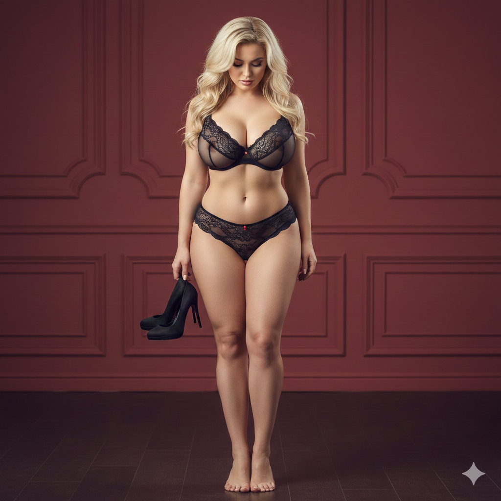 A model in black lace lingerie holding black high heels in a dimly lit room with a dark red paneled wall.