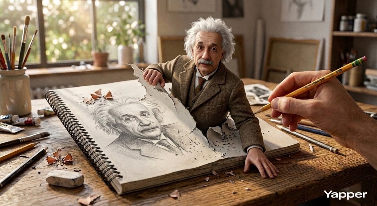 Einstein Emerges From Sketchbook Drawing On Wooden Desk