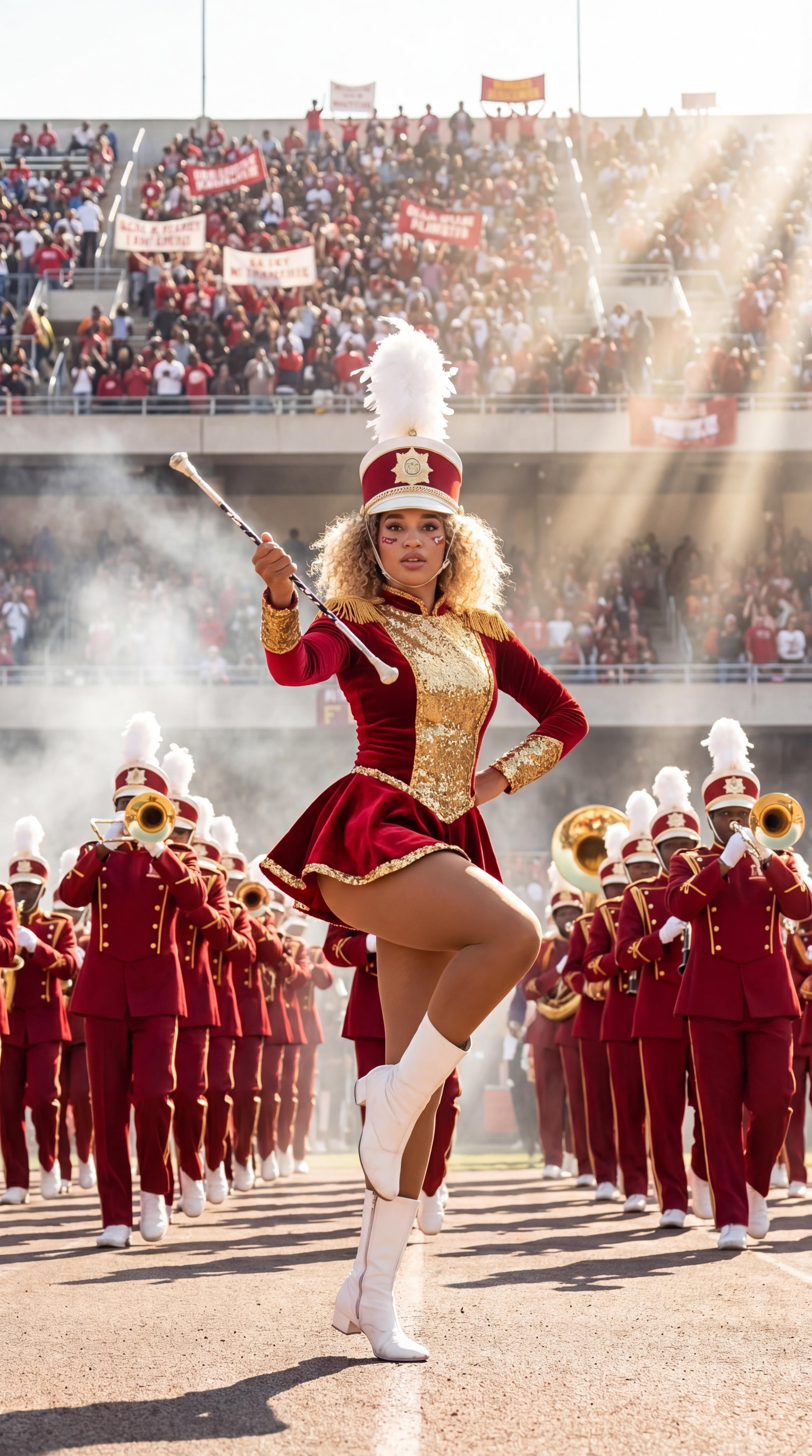 Majorette Leading Marching Band Stadium Track Action Shot