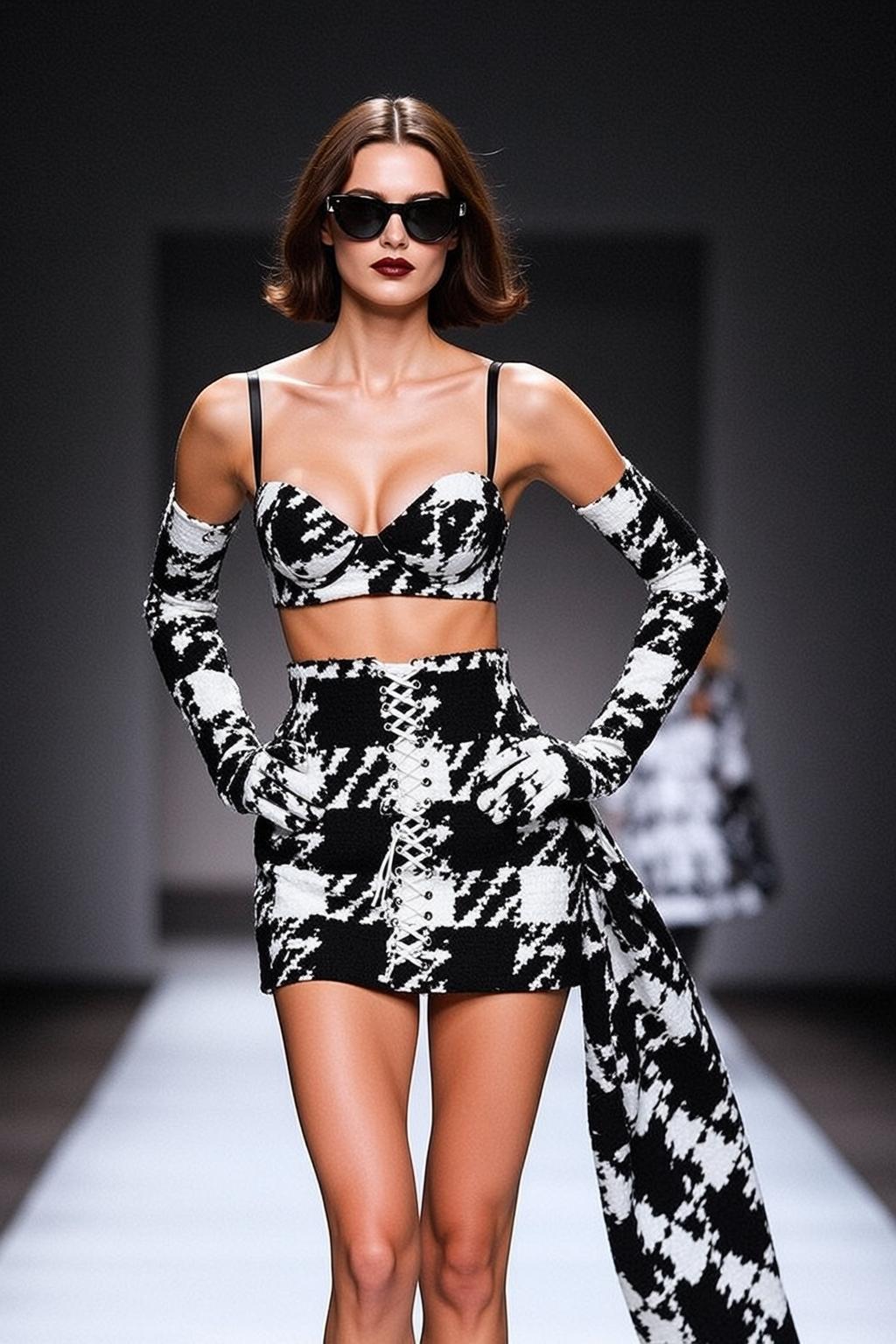Houndstooth Bra Top Mini Skirt Opera Gloves Runway