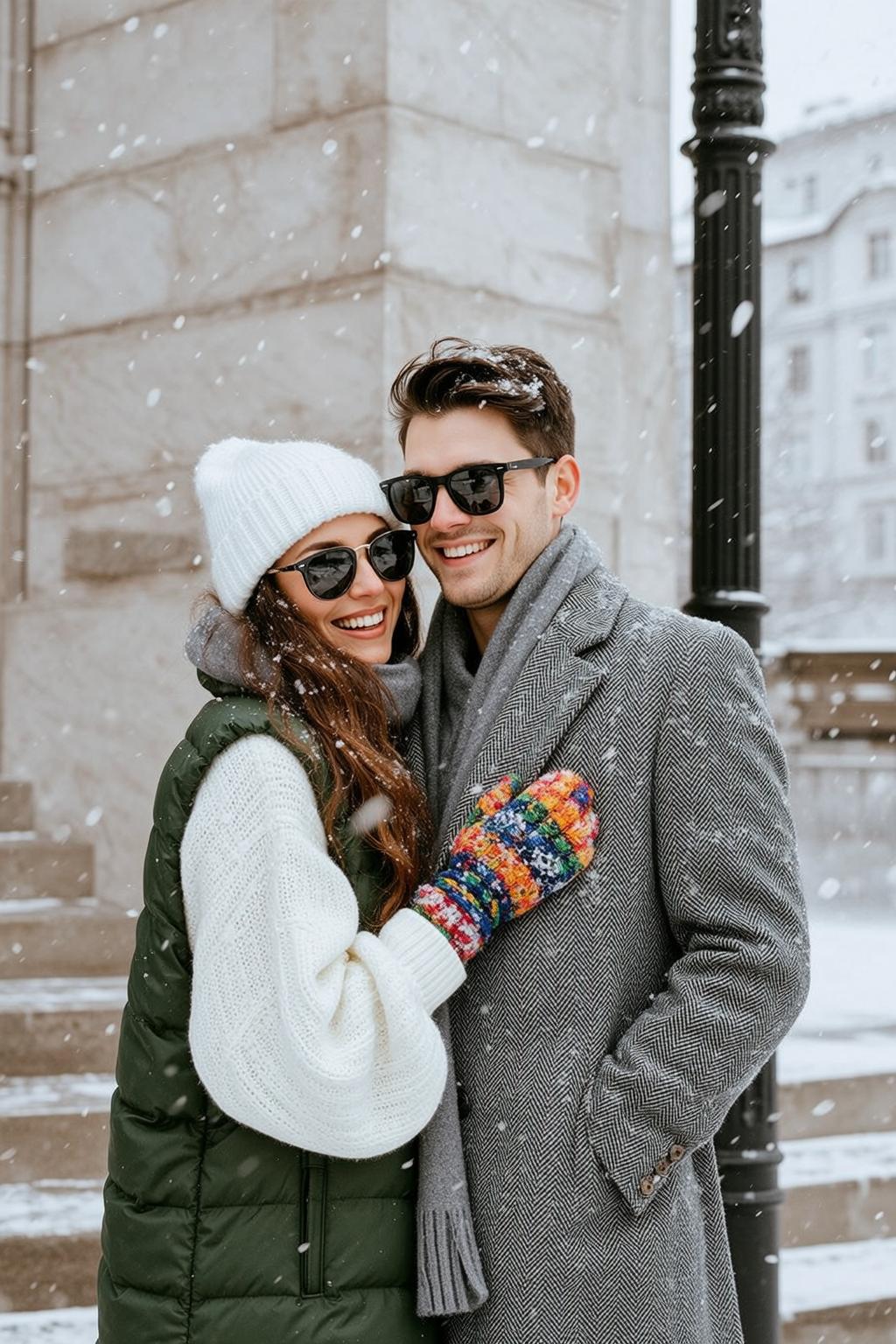 Explore Couple Embraces Snowy Urban Positioned Slightly