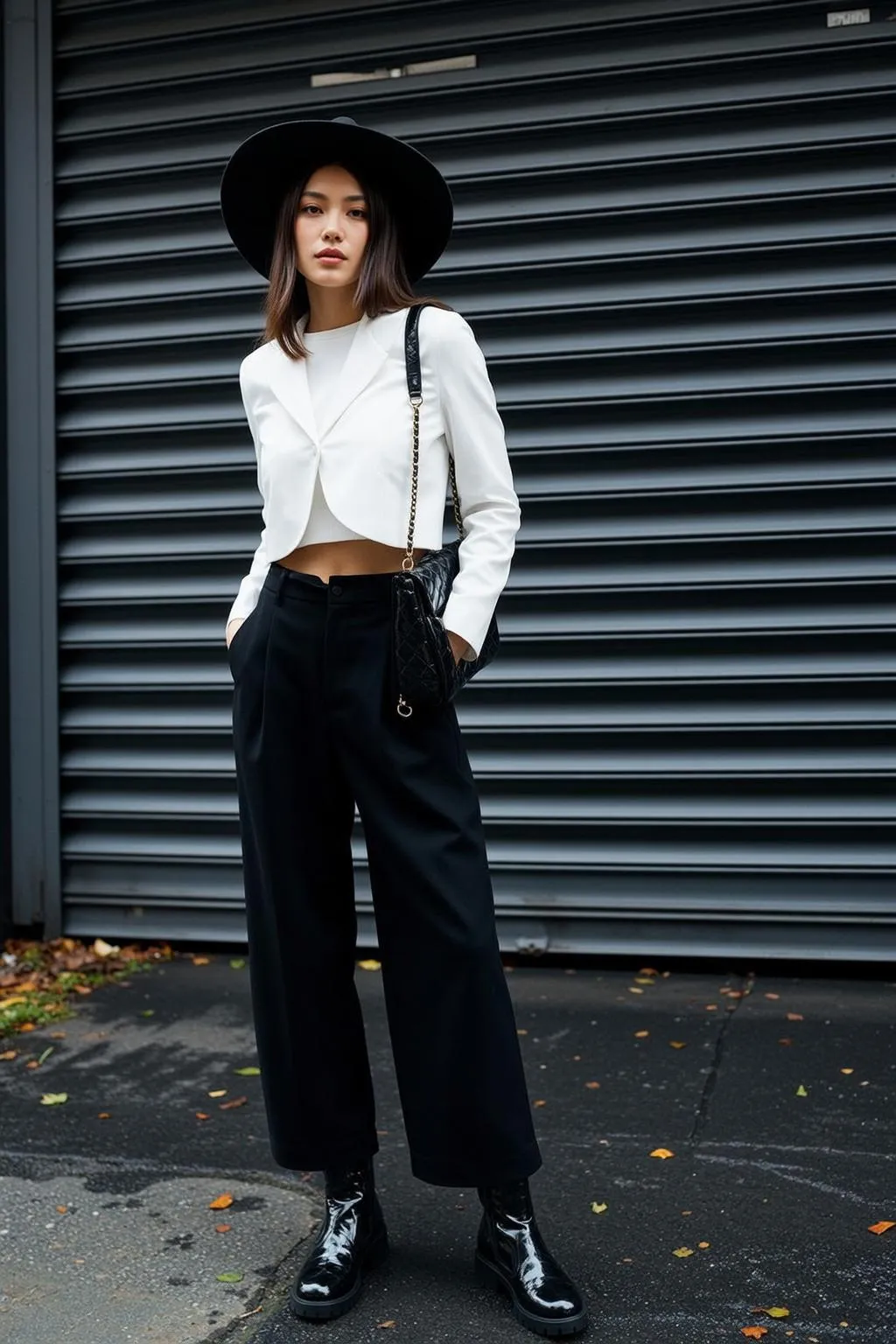 Asian Woman White Blazer Black Hat Urban Street