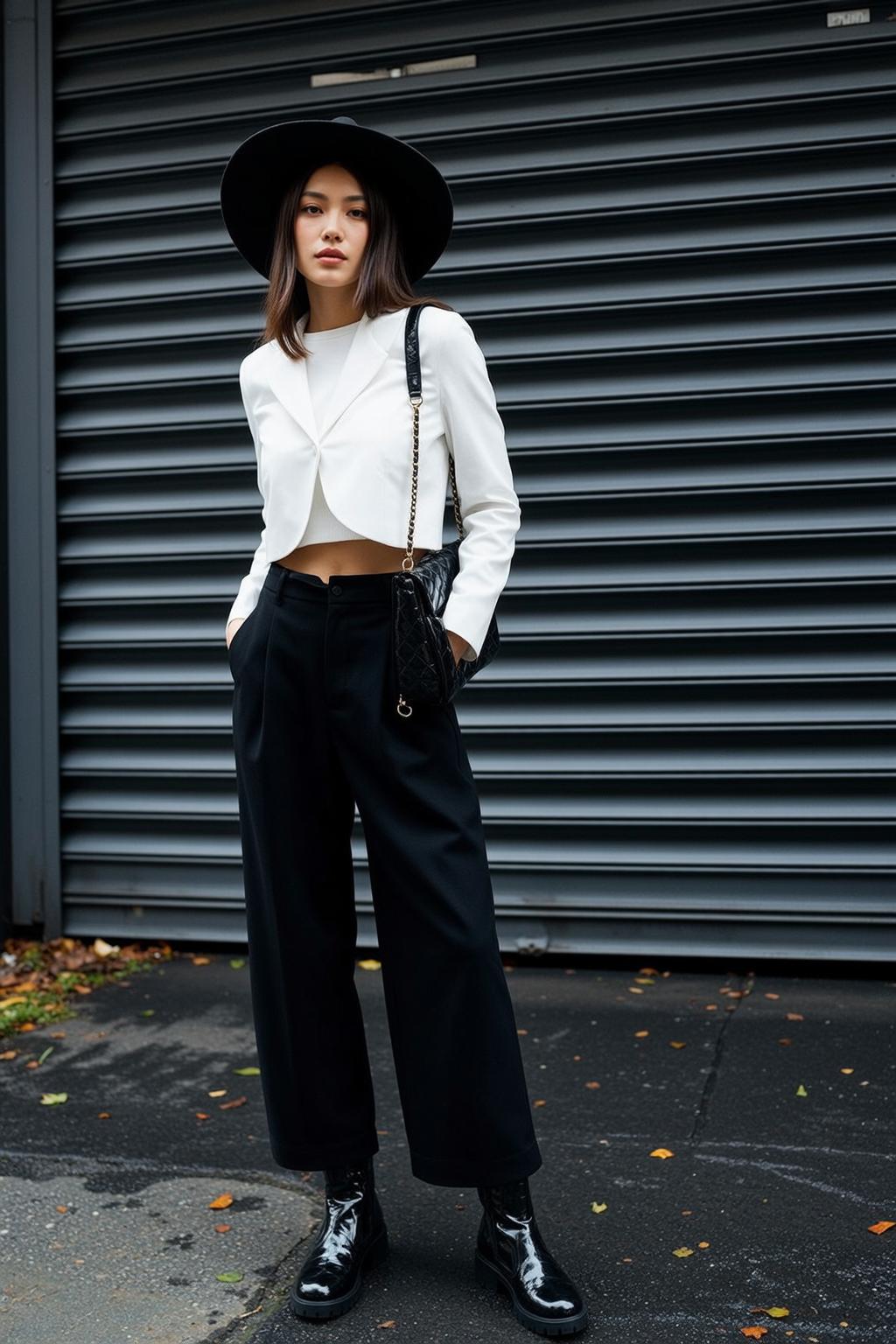 Asian Woman White Blazer Black Hat Urban Street