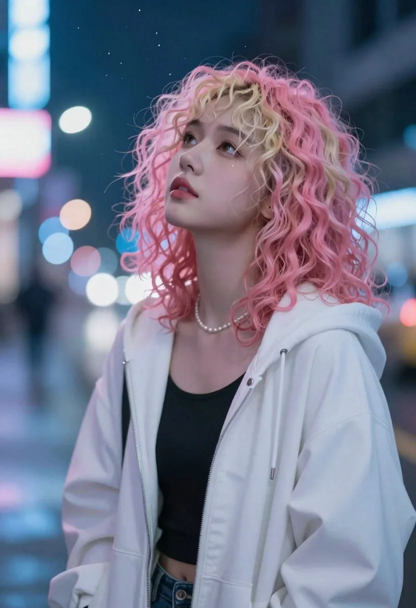 Portrait Young Woman With Curly Pink And Blonde Hair Gazing reference photo