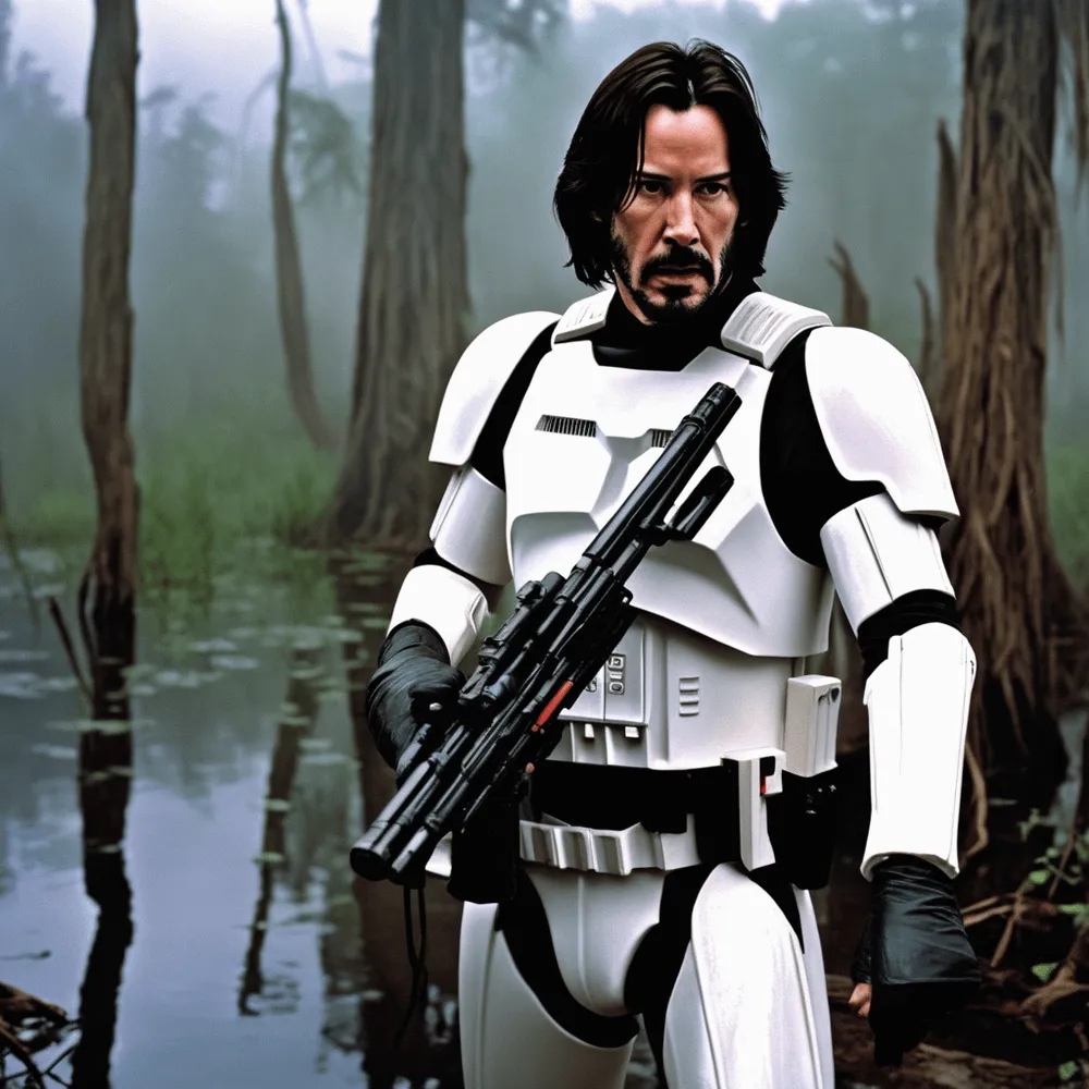 Stormtrooper In Misty Swamp With Blaster Rifle