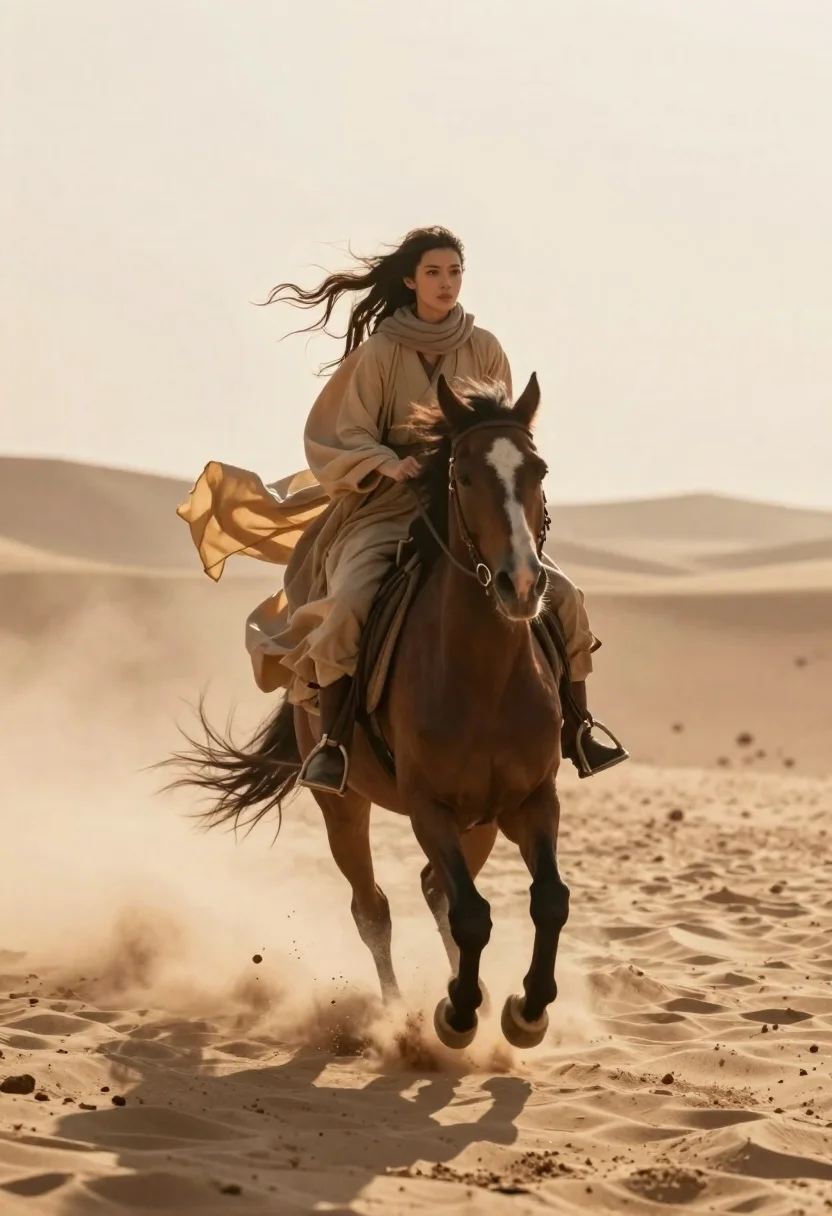 Dynamic Cinematic Shot Woman Riding Horse Through Dusty Desert Storm reference photo