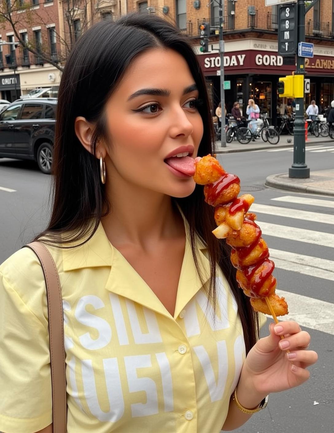 Woman Licking Fried Food Outdoor Daylight