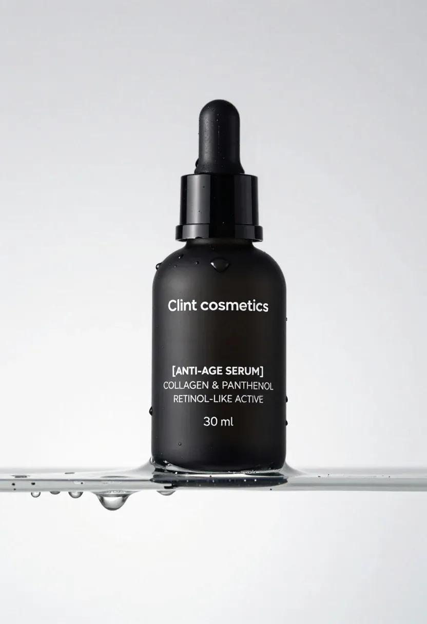 Sleek Black Cosmetic Bottle With Dropper Cap Rests Floating Slab