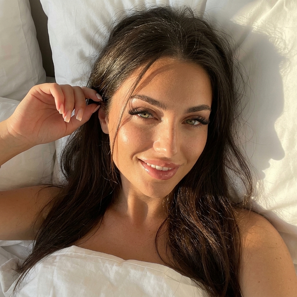 Girl In Bed Golden Hour Selfie Natural Smile