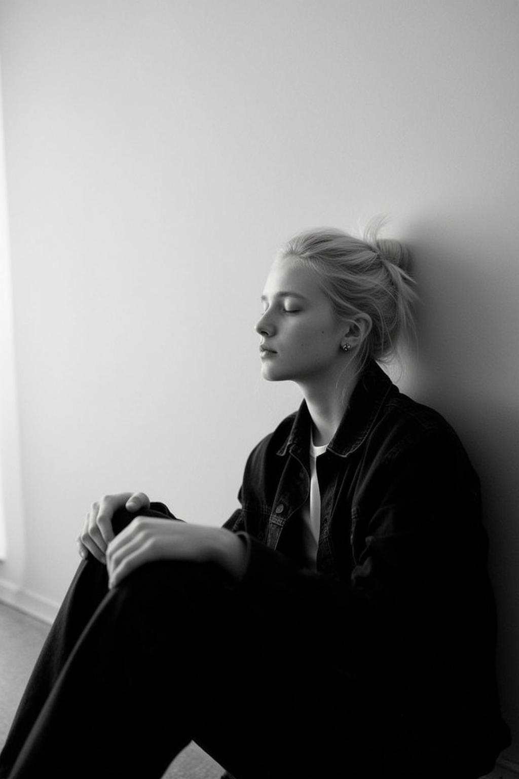 Black And White Medium Shot Portrait Young Woman With Her
