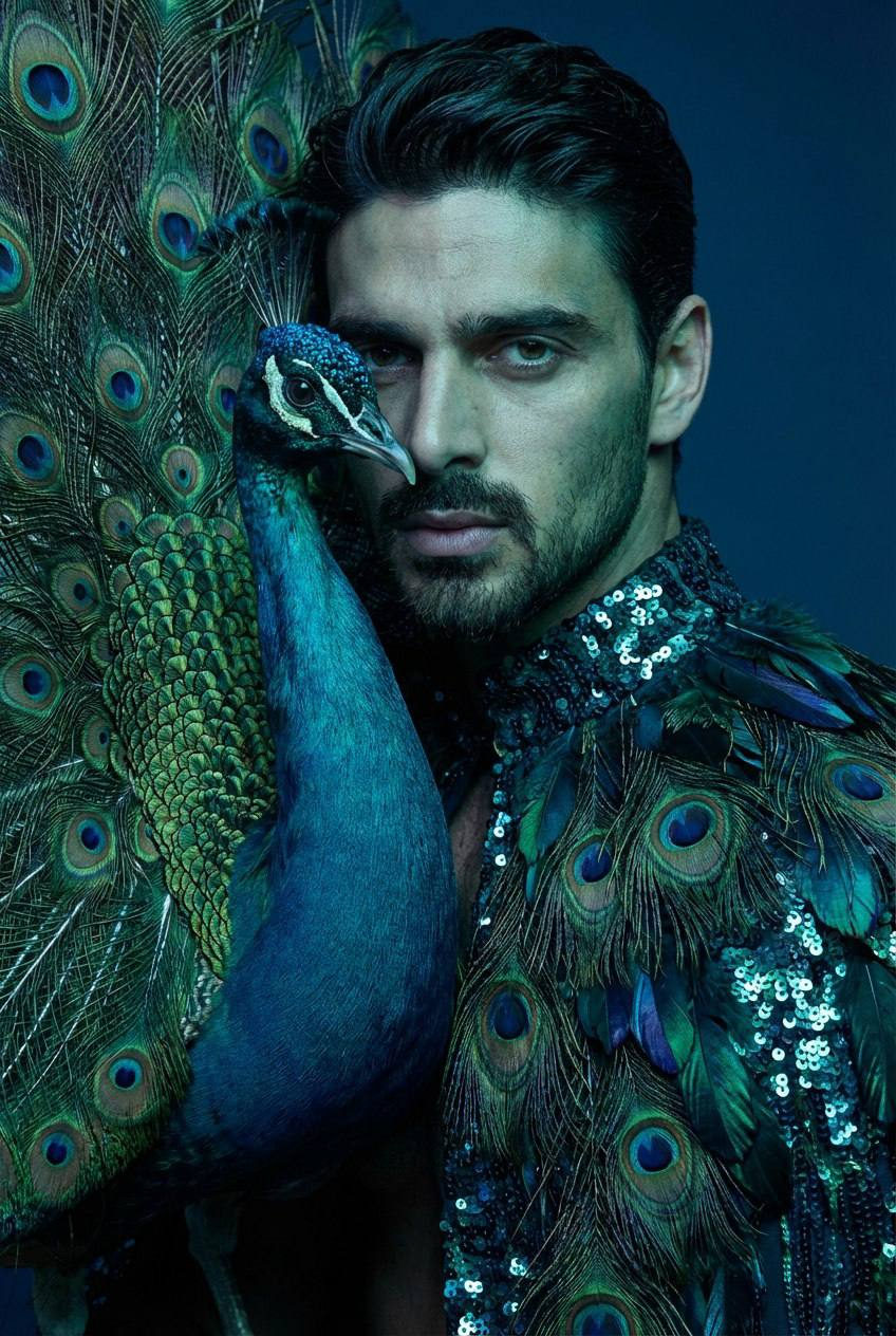 A person with regal demeanor in an avant-garde teal cape stands alongside a peacock, both exuding iridescent glamour against a dark blue backdrop.