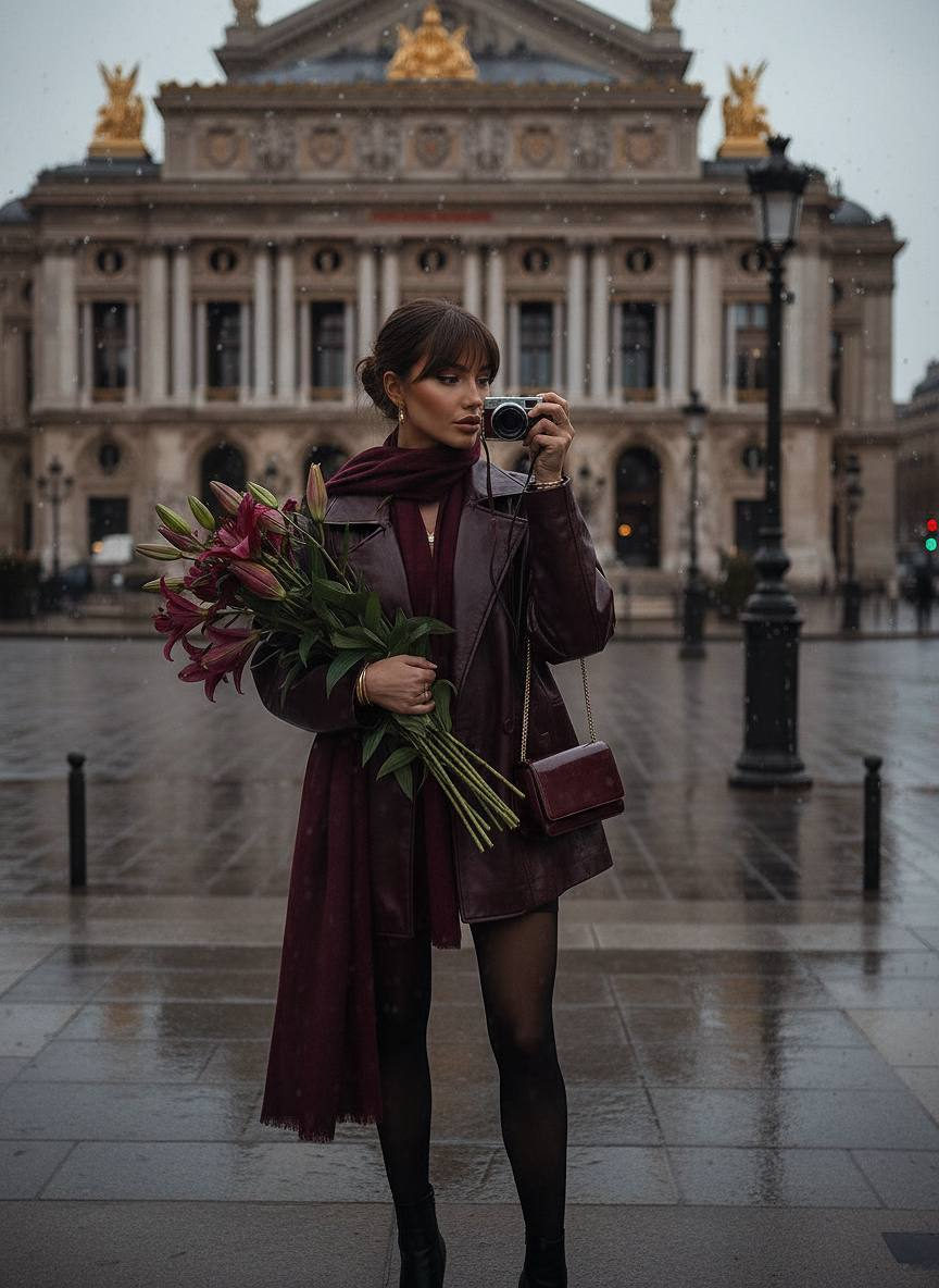 Close-up of a woman with dark hair in a burgundy outfit reflected in a glass window, holding a vintage camera and bouquet.