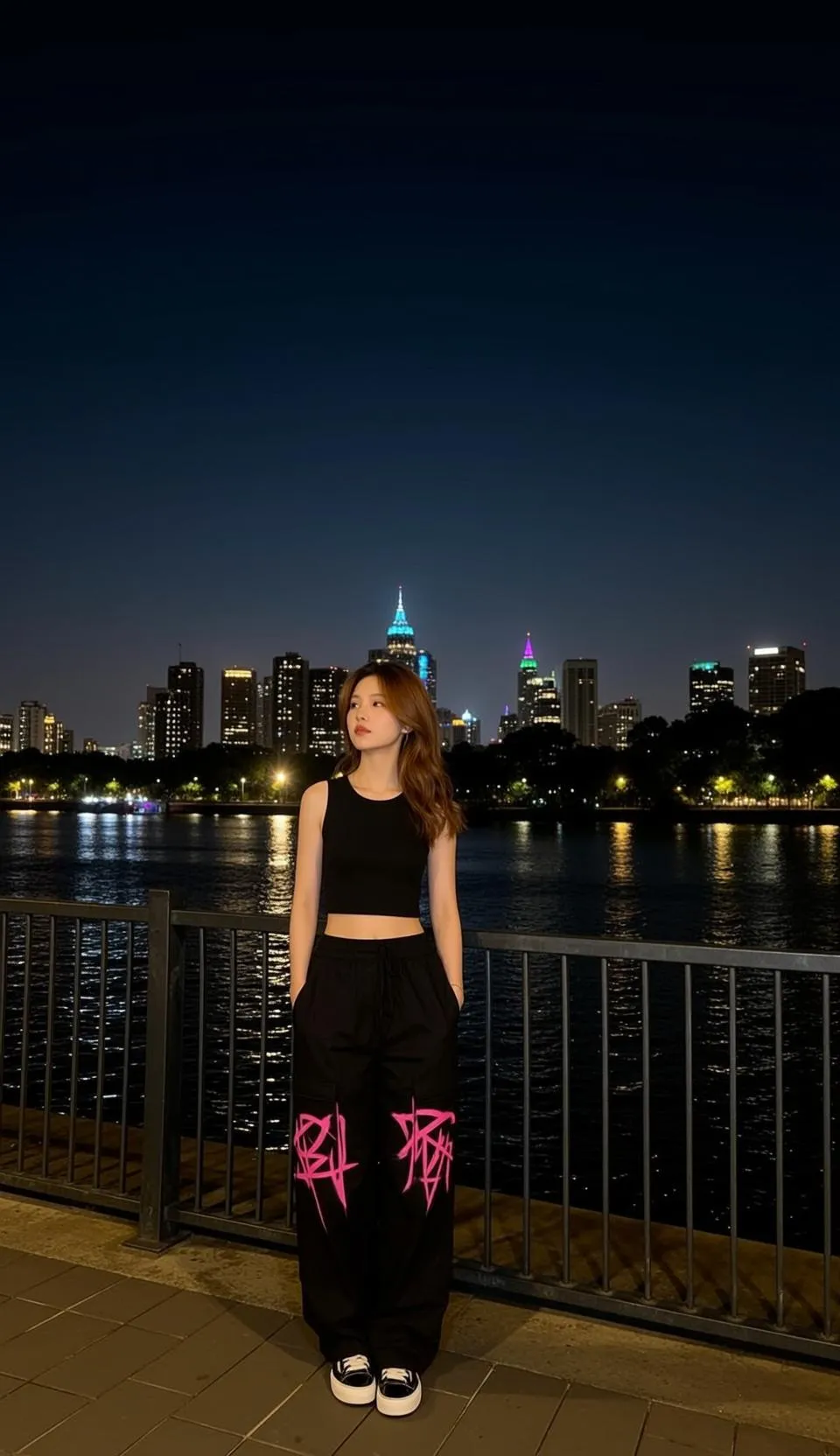 Night Waterfront City Lights Urban Promenade