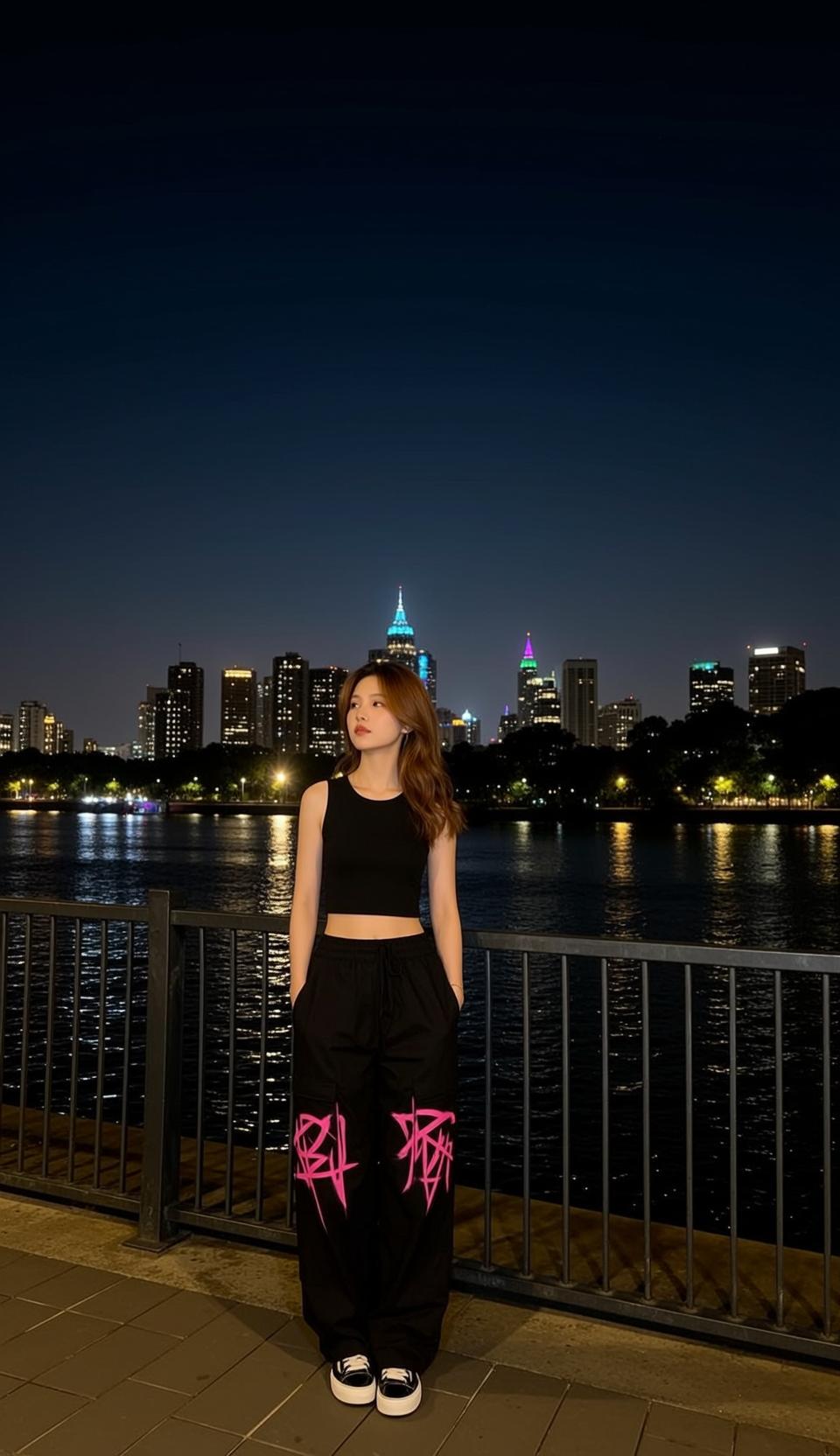 Night Waterfront City Lights Urban Promenade