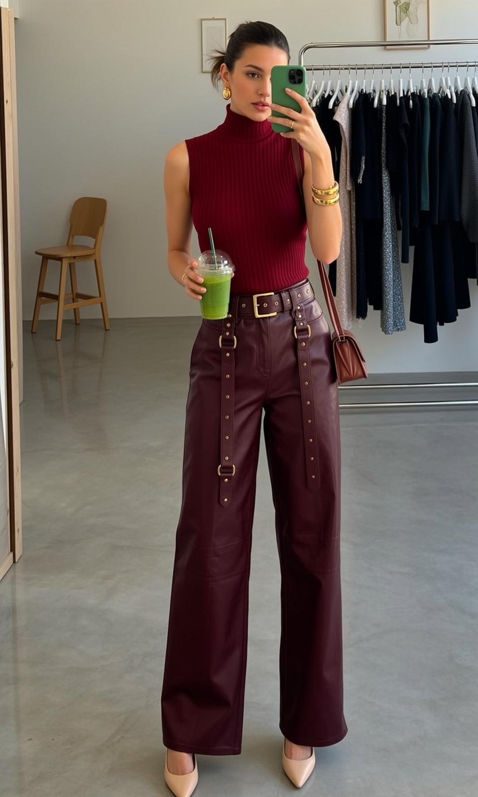 Burgundy Leather Pants Taking Selfie