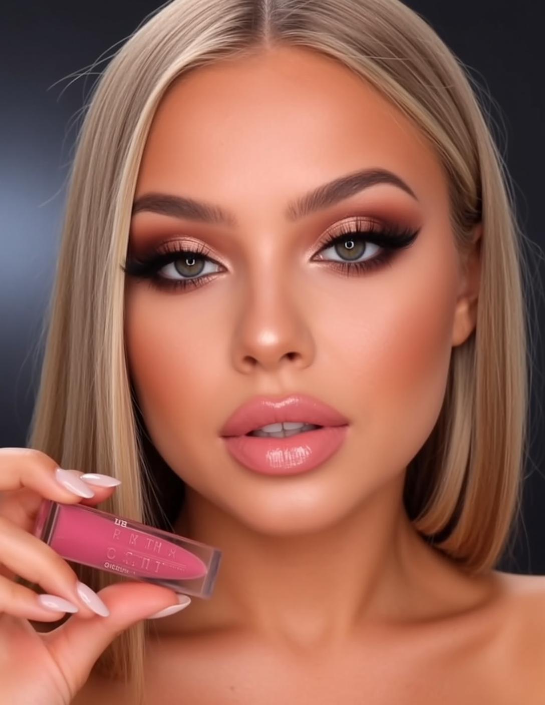Makeup Shown Chest Holding Pink Lipstick Tube