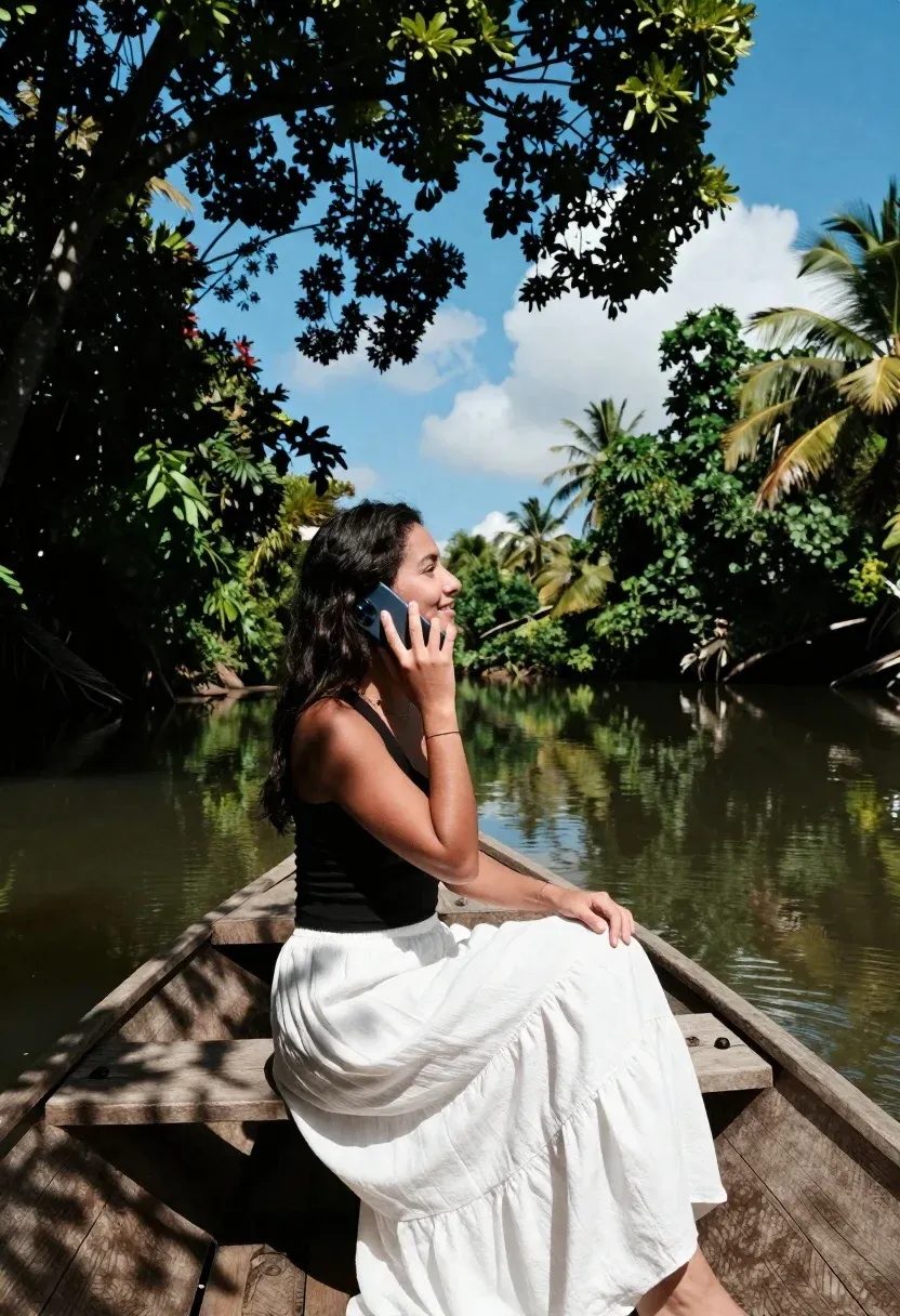 Woman Sits Wooden Boat Calm River Surrounded Lush Green Jungle