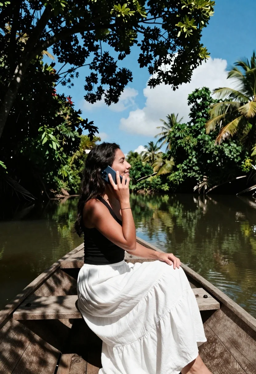 Woman Sits Wooden Boat Calm River Surrounded Lush Green Jungle