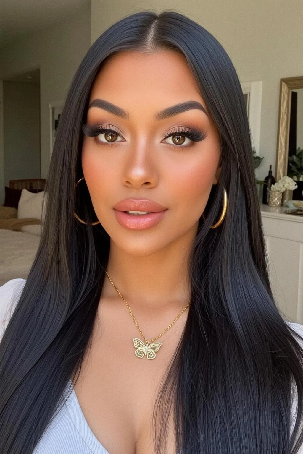 Makeup Earrings Necklace And Lash Extensions In Bedroom Portrait