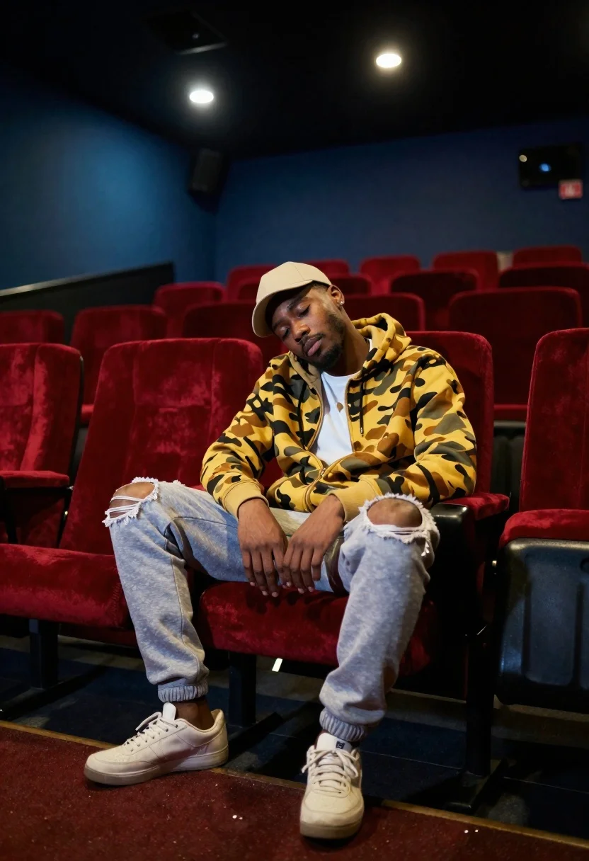 Cinematic Portrait Young Man Dozing The Front Row Empty Movie reference photo