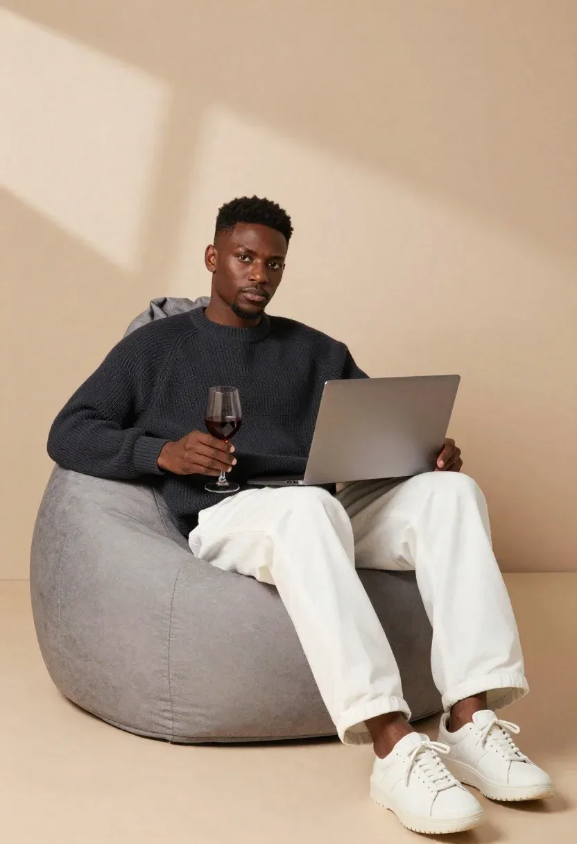 Minimalist Studio Portrait Black Man Sitting Large Grey Beanbag Chair