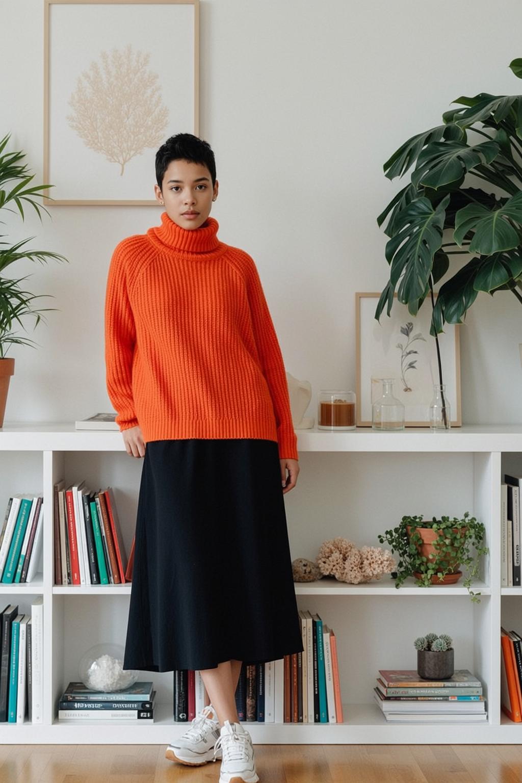 Orange Turtleneck Bookshelf Portrait