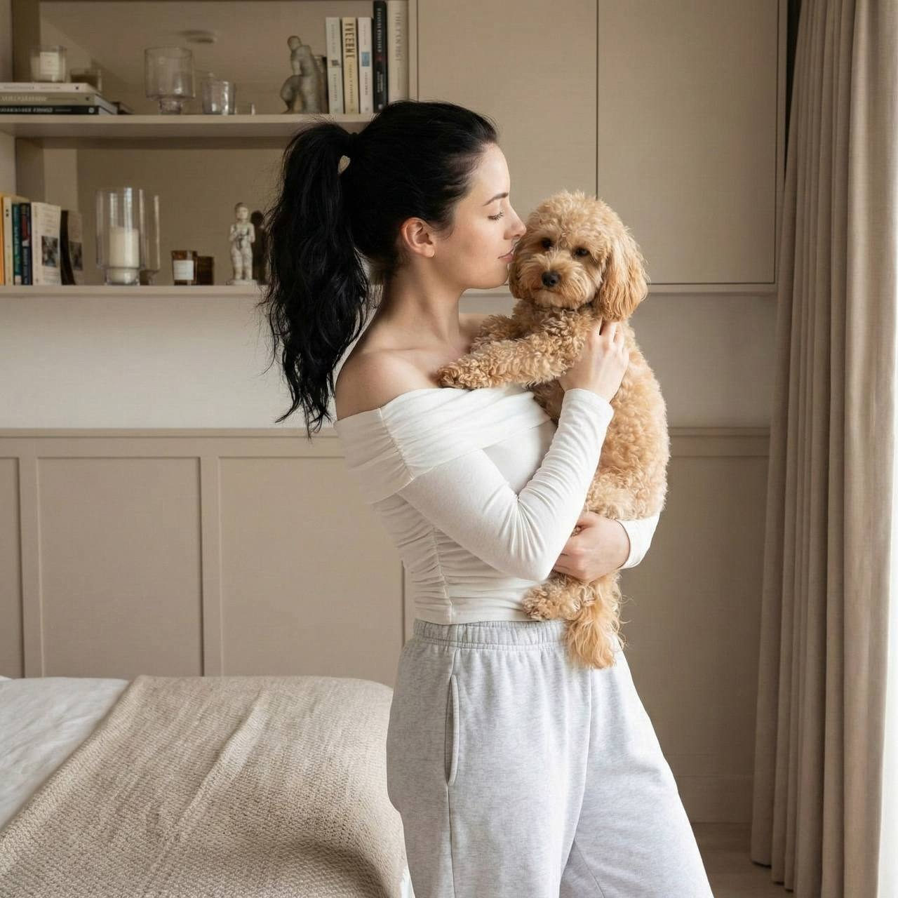 A slender young woman in profile tenderly holding a small fluffy dog, creating a warm and intimate atmosphere in a stylish, softly lit room.