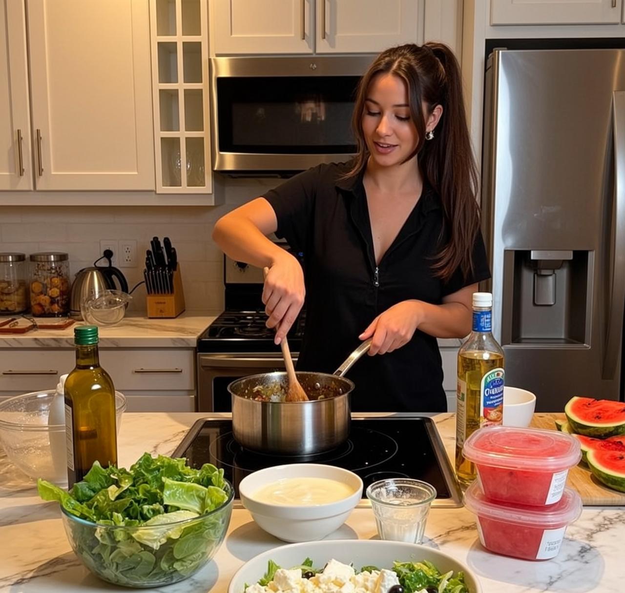 Explore Stands Modern Kitchen Actively Cooking Her