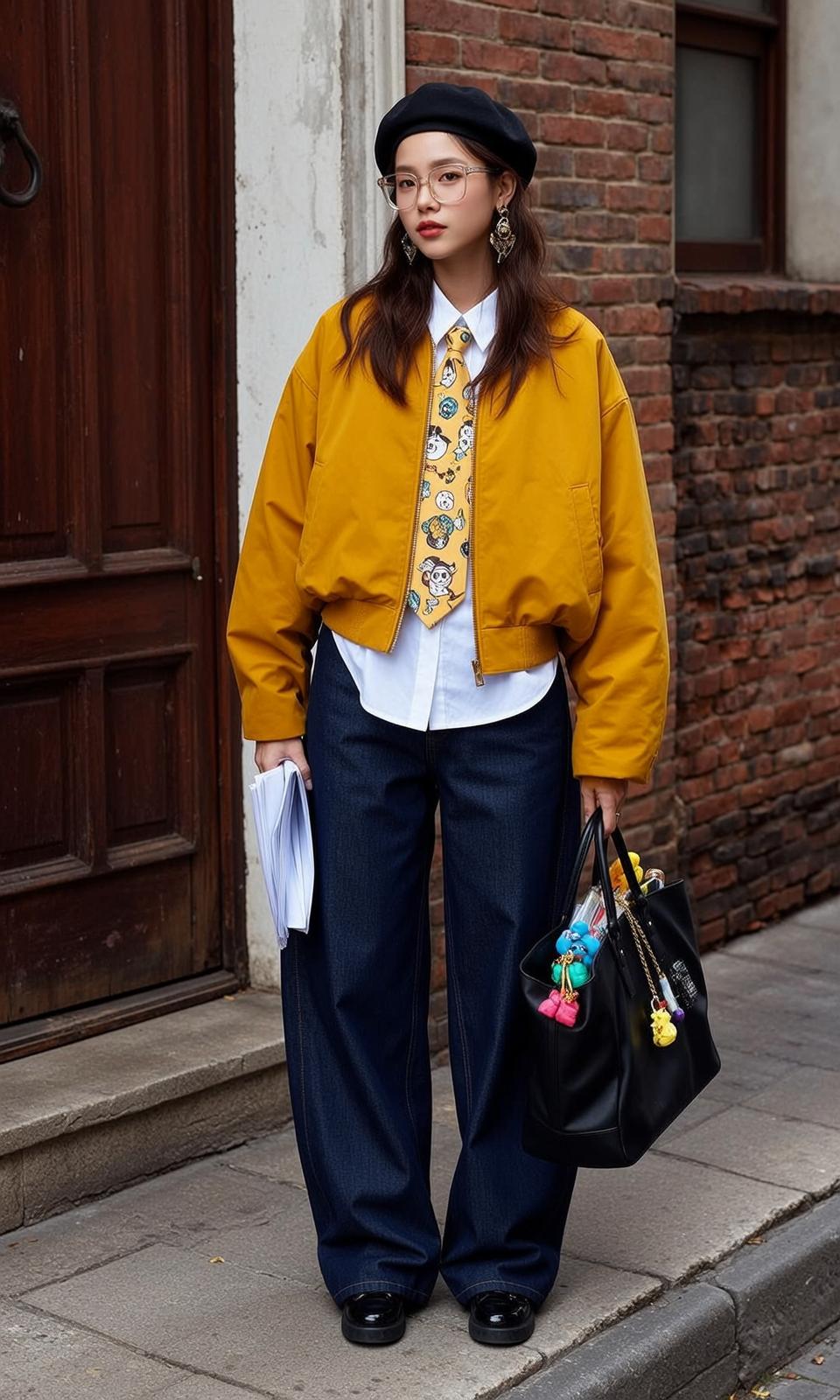 Yellow Bomber and Jeans on Street