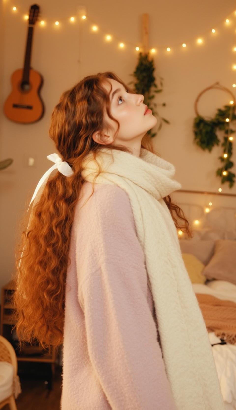 Balletcore Young Long Curly Auburn Tied Ponytail