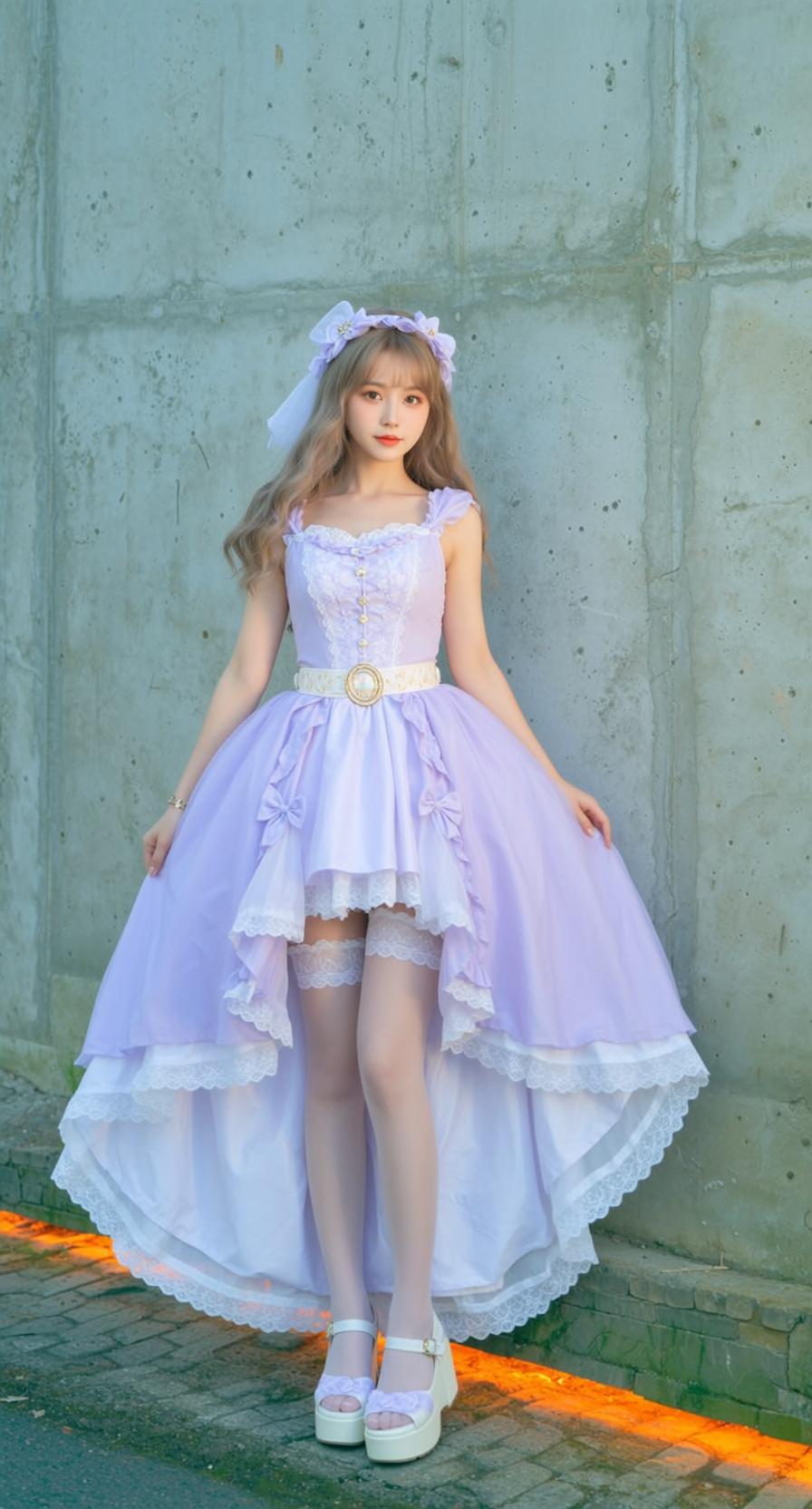 Lavender Lace Dress Cobblestone Wall