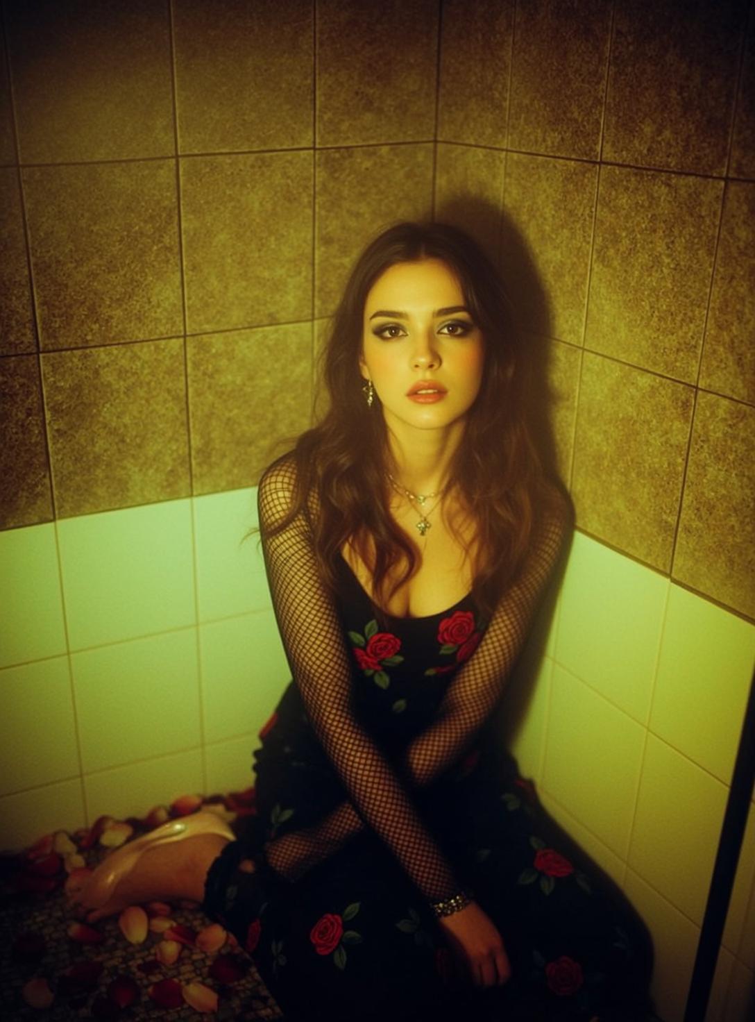 Black Dress Red Roses Bathroom Corner Dramatic Shadows