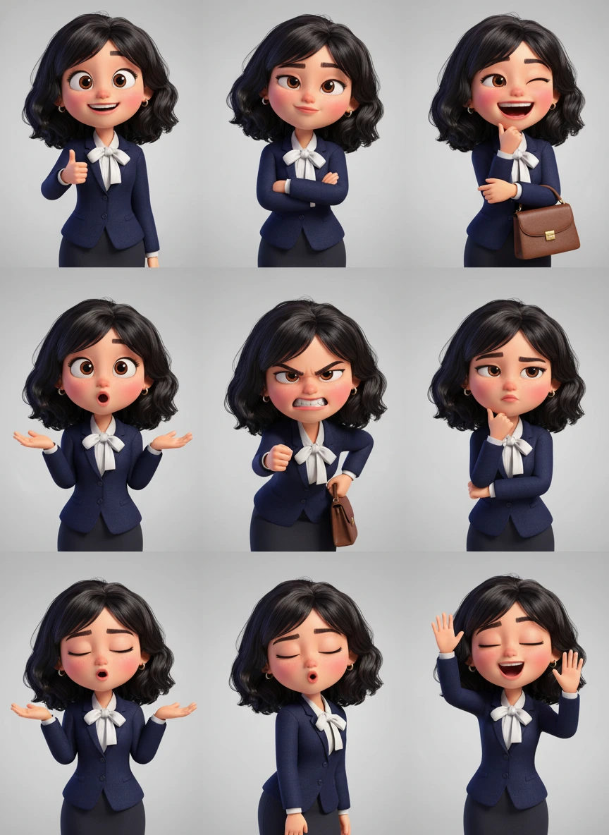 A portrait of a friendly animated character poses, showing expressive features in a clean 3x3 grid.