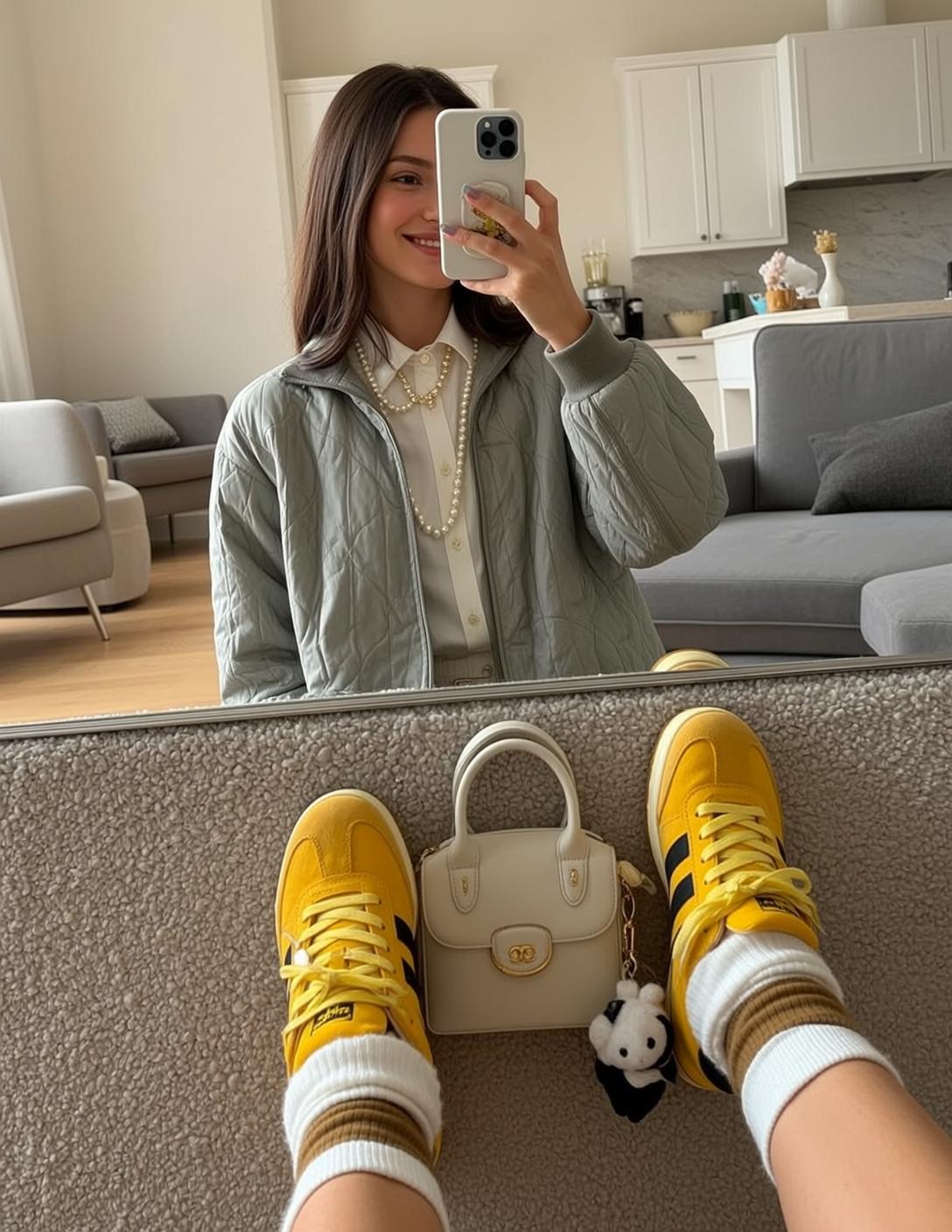 Quilted Jacket Living Room Selfie