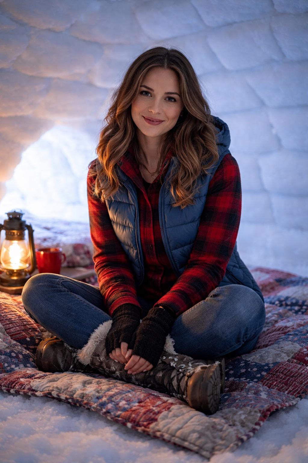 Cozy Igloo Sanctuary Plaid Flannel Puffer Vest Oil Lantern Light